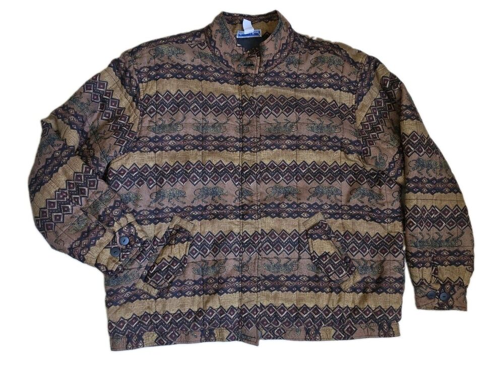 Vintage Anna and Frank 100% Silk Quilted Aztec Bomber Jacket, Size XL